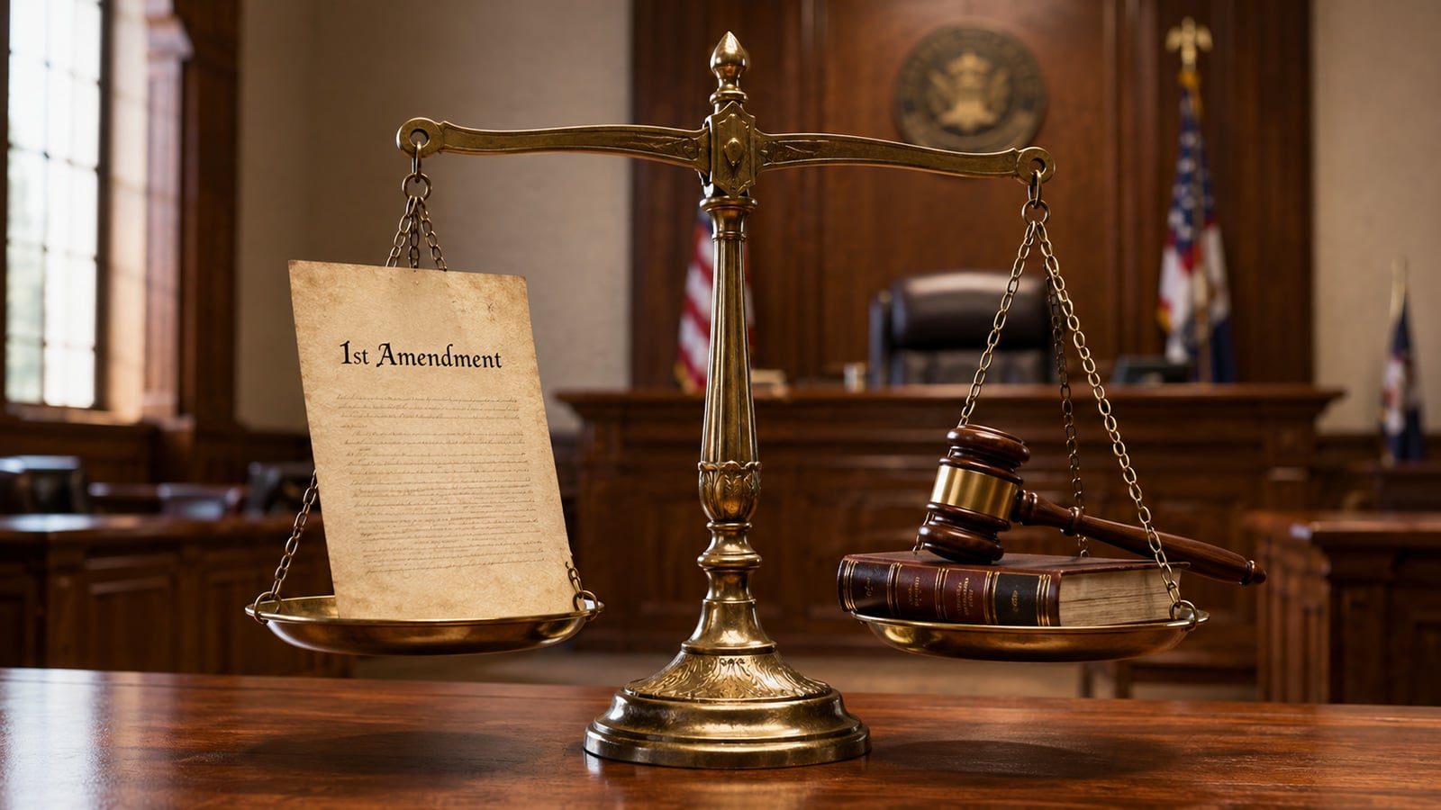 Concept image of 1st Amendment rights being weighed in court