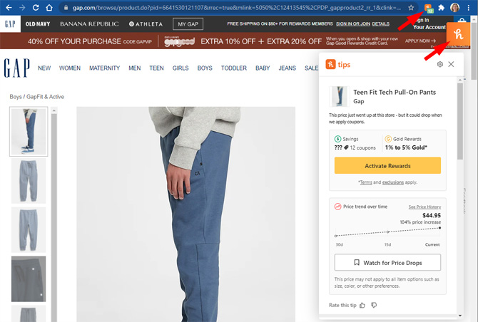 Gap page for Teen Fit Tech Pull-On Pants showing the Honey browser extension popup window with price history and the option to add to Droplist. The Honey browser bar icon and the on-page Honey icon are pointed out. 