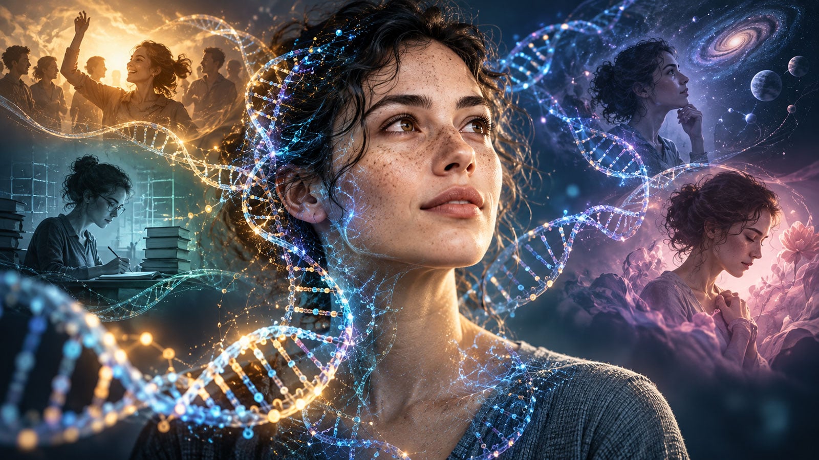 Conceptual illustration of a woman surrounded by glowing DNA strands and scenes representing different personality traits, including sociability, curiosity, organization, and emotional sensitivity.