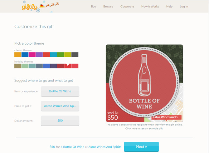 Giftly screenshot showing a gift certificate for a bottle of wine for $50 with the option to change the colors