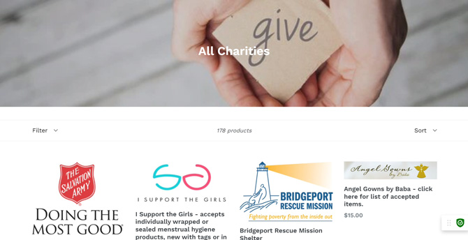Screenshot of Give Back Box site showing charities: The Salvation Army, I Support the Girls, Bridgeport Rescue Mission Shelter, Angel Gowns by Baba.  