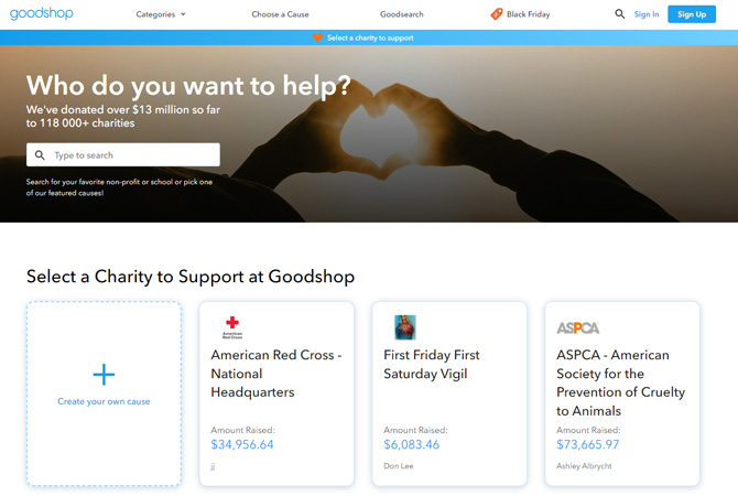 Screenshot of Goodshop home page showing donation amounts to American Red Cross ($34,956), First Firday First Saturday Vigil ($6,83), and ASPCA ($73,665).,