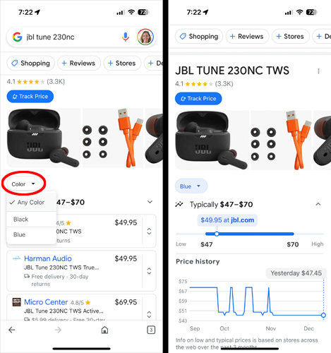 Two screenshots of the Google app. On the left, you see results for the JBL Tune 230 NC with the color button circled. On the right, you see blue selected as the color, a price range of $47 - $70 and $49.95 at jbl.com on a price bar. There is also a price history graph showing historical pricing.