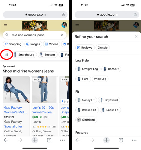 Two screenshots of the Google app .  On the left, the screen shows shopping results for mid rise women's jeans with the filter icon circled.  The screen on the right shows filters for Leg Style and Fit.