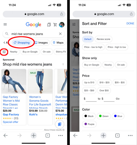 Two screenshots of Google app Shopping tab. On the left is the search results page on Google Shopping for mid rise womens jeans with Shopping and the filter icon circled. On the right, the screen shows filter options for Sort by (review score, price low to high, price high to low), Show only (Buy on Google, Nearby, On sale), Price, and Color
