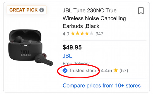 Screenshot of the Google app showing a product with the Trusted store circled in red.
