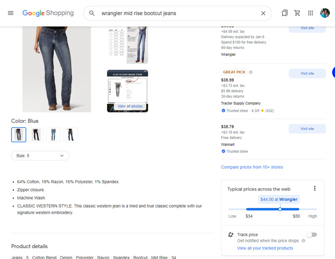 Screenshot of Google Shopping showing the price tracking in the lower right corner.  For the pair of Wrangler jeans, you see a price range from $34 to $50, with $44.00 at the Wrangler on the price bar. 