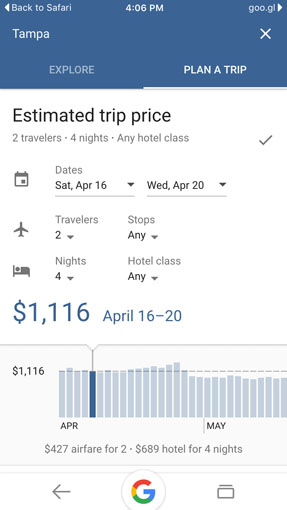 Google Destinations shows how prices change week to week