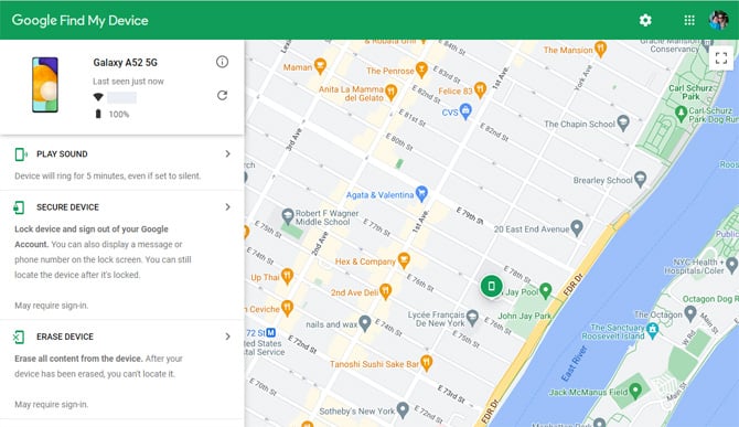 Screenshot of Google Find My Device showing a map with the phone's location and when it was last seen at that locations.