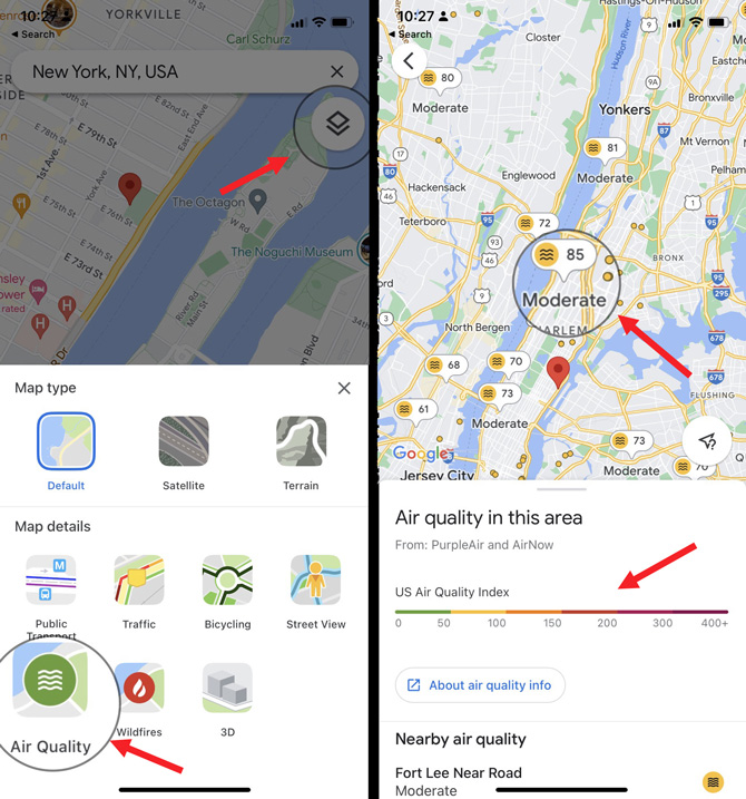 Two screenshots of Google Maps. On the left you see the may layers menu with the AQI option circle. On the right you see a map with AQI readings.