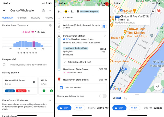 Google Maps busyness screen shots. From the left, the first screenshot show Costco Wholesale list with Popular Time with a day of the week and downward arrow the change the day. Below is the Live time and busyness rating of a little busy and a graph showing how busy the location is throughout the day. The second screenshot show an itinerary for traveling to New Haven showing Pennsylvania Station at 5PM usually being as busy as it gets and New Haven State Street with a live rating of not too busy. In the 3rd screenshot you see a map with a bus icon and pullout bubble showing the bus line number, estimated time of arrival and an icon of one filled in person to show busyness level. 
