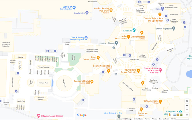 Google Maps screenshot of the interior of Caesar's Palace in Las Vegas. You can see the stores, hotel towers, restaurants and other venues.