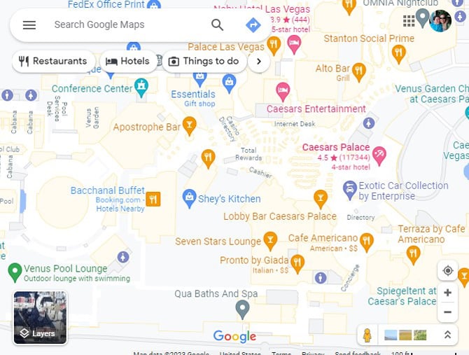 Google Maps screenshot of the interior of Caesar's Palace in Las Vegas. You can see the stores, hotel towers, restaurants and other venues.