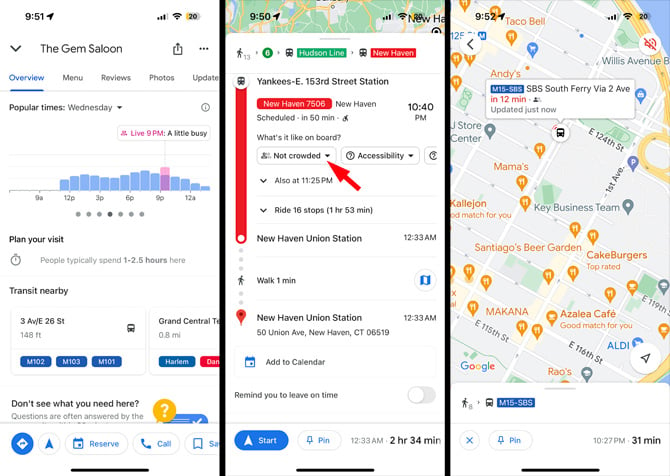 Google Maps busyness screen shots. From the left, the first screenshot show Costco Wholesale list with Popular Time with a day of the week and downward arrow the change the day. Below is the Live time and busyness rating of a little busy and a graph showing how busy the location is throughout the day. The second screenshot show an itinerary for traveling to New Haven showing Pennsylvania Station at 5PM usually being as busy as it gets and New Haven State Street with a live rating of not too busy. In the 3rd screenshot you see a map with a bus icon and pullout bubble showing the bus line number, estimated time of arrival and an icon of one filled in person to show busyness level. 