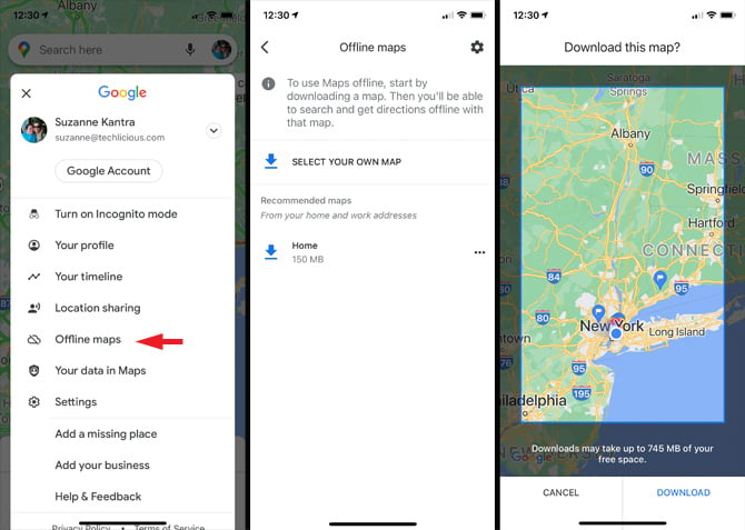 Google Maps screenshots: from the left, screenshot 1 shows the menu with Offline maps pointed out. Screenshot 2 show offline map option to select your own map and download your Home area. Screenshot 3 shows a map with a box that contains the map area to download with cancel and download underneath.