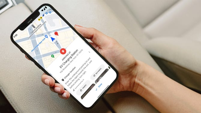 Phone showing the new Google Maps directions for EV charging stations.