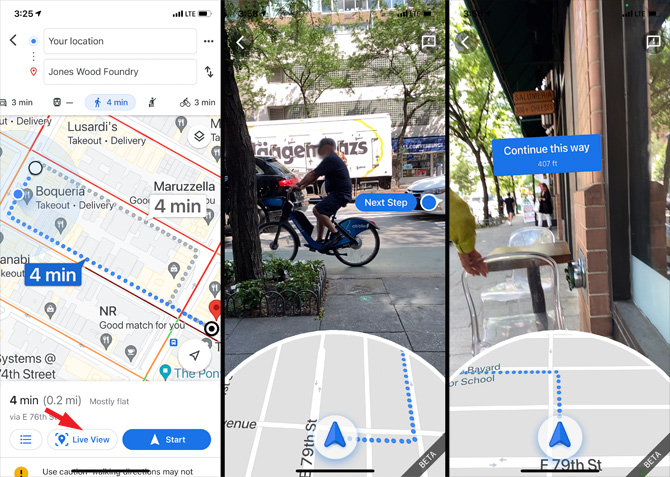 Google Maps screen shots showing the Live View Feature. In screenshot 1, you see a map walking directions from Your location to Jones Woods Foundry. On bottom of the screen is the estimated time to destination, Live View (pointed out), and Start. In the 2nd screenshot you bee a map with a directional arrow at the bottom and an image showing the street and 