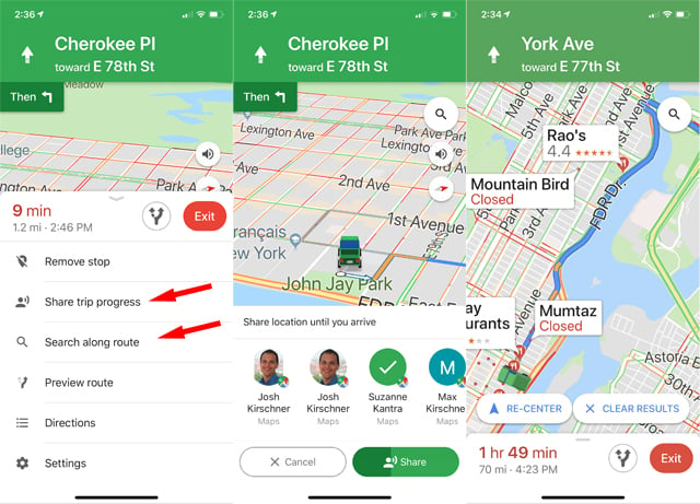 Google Maps location sharing and find along route