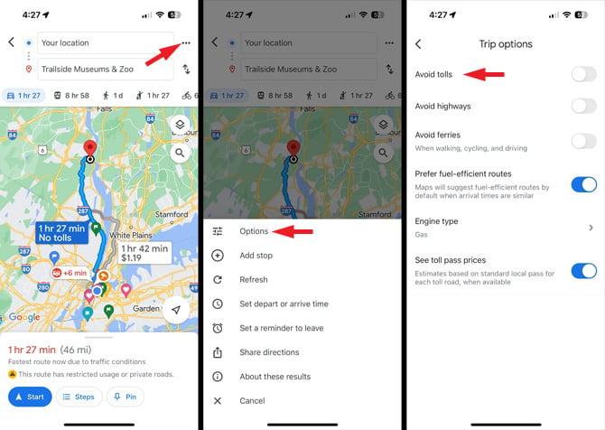 3 screenshots: 1st from the left show a map of directions to Bear Mountain Trailside Museums & Zoo with estimated time for 3 routes plus the triple dots for the menu pointed out. The 2nd screenshot shows the map with a pop up showing options for route options (pointed out), add stop, set depart or arrive time, set a reminder to leave, and share directions. Screenshot 3 shows options to avoid highways, avoid tolls and avoid ferries with the option to remember settings. 