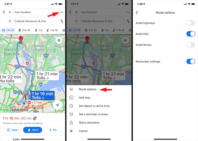 3 screenshots: 1st from the left show a map of directions to Bear Mountain Trailside Museums & Zoo with estimated time for 3 routes plus the triple dots for the menu pointed out. The 2nd screenshot shows the map with a pop up showing options for route options (pointed out), add stop, set depart or arrive time, set a reminder to leave, and share directions. Screenshot 3 shows options to avoid highways, avoid tolls and avoid ferries with the option to remember settings. 