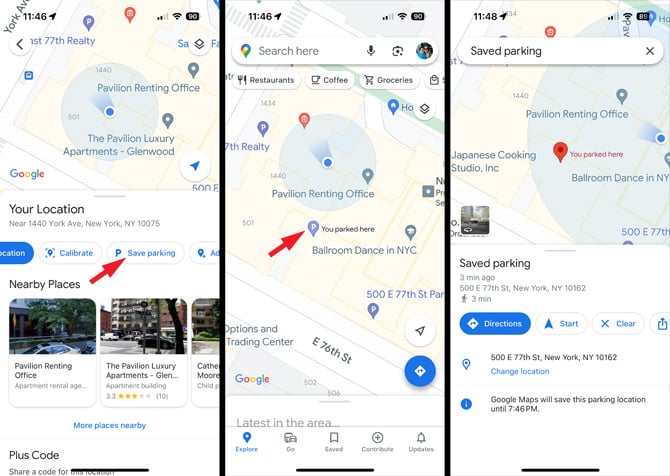 Google Maps screenshots: from the left, screenshot 1 shows map with blue dot signifying a person's location (below are Latest in Upper East Side and options for Explore, Go, Saved, Share, Contribute and Updates). In screenshot 2 there are options for Share your location, Add a missing place, Set as parking location (pointed out), Download offline map, Calibrate with Live Views and Cancel. In screenshot 3, there is a map with a large red icon entitle You parked near here and at the bottom a box entitled Save parking with options for Directions, Start and Clear. .