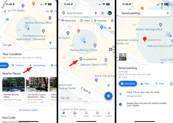 Google Maps screenshots: from the left, screenshot 1 shows map with blue dot signifying a person's location (below are Latest in Upper East Side and options for Explore, Go, Saved, Share, Contribute and Updates). In screenshot 2 there are options for Share your location, Add a missing place, Set as parking location (pointed out), Download offline map, Calibrate with Live Views and Cancel. In screenshot 3, there is a map with a large red icon entitle You parked near here and at the bottom a box entitled Save parking with options for Directions, Start and Clear. .