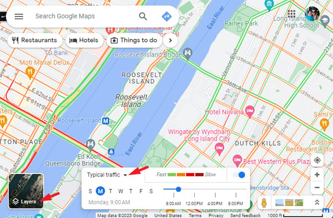 Screenshot of Google Maps showing the Layers button pointed out. You can also see a box that shows typical traffic for days of the week and time of day. 