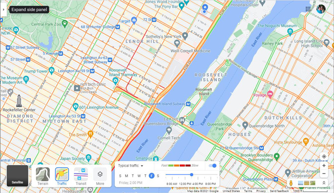 Screenshot of Google Maps showing options for showing satellite, terrain, traffic, transit and more options layered on top of map. You can also see a box that shows typical traffic for days of the week and time of day. At the top left there is a right facing triangle pointed out with the word expand side panel.