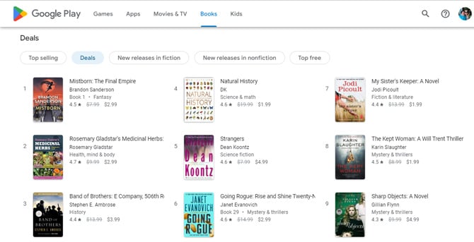 Google Play Books screenshot showing Top Deals in Books.