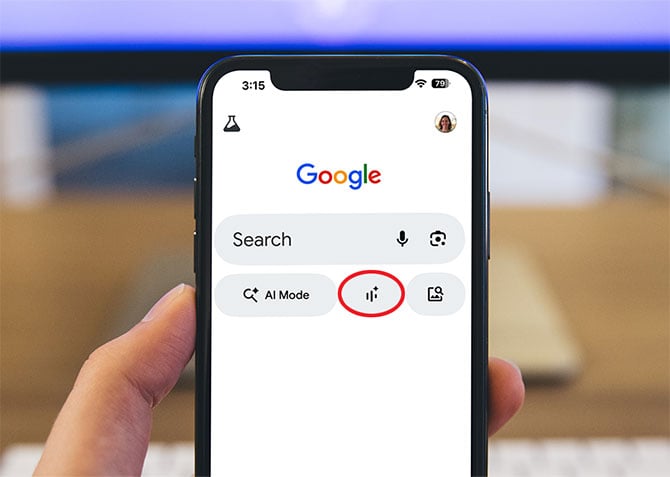 Screenshot of Google app Home Screen with the Live Search icon circled in red