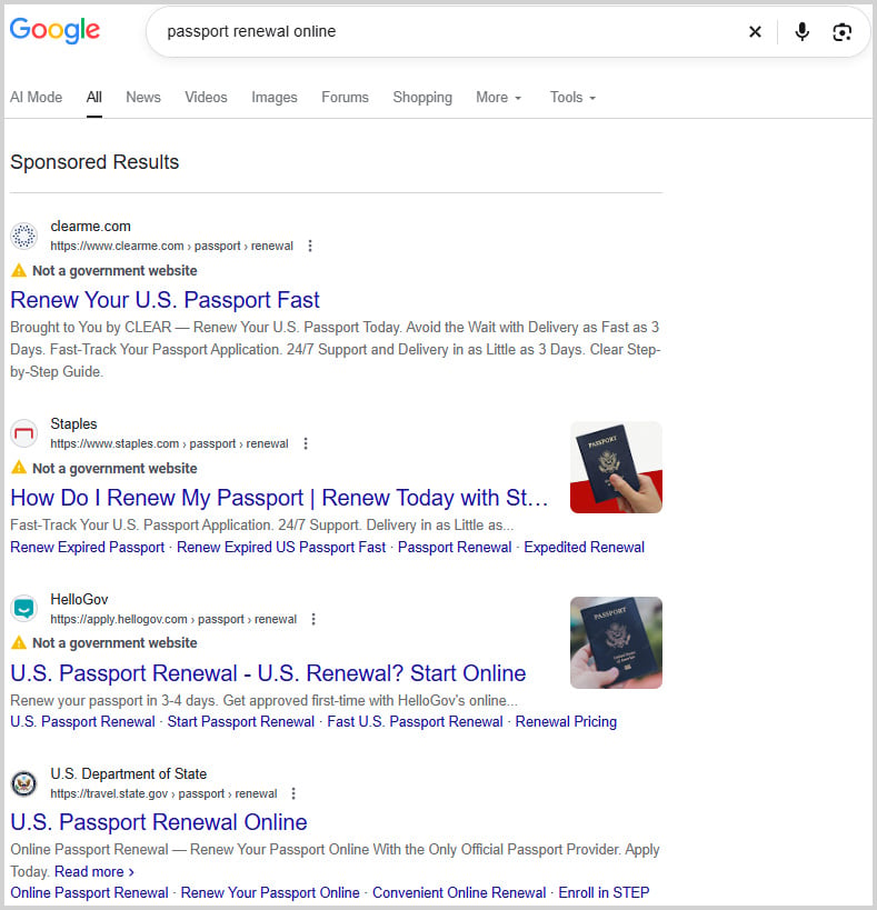 Google search results for 'passport renewal online' show sponsored listings labeled 'Not a government website' above a State Department result.