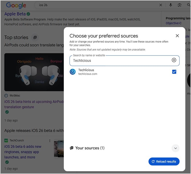 screenshot of Google Preferred Sources selection window