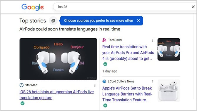 Screenshot of Preferred Sources tool