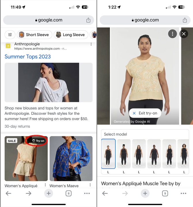 Two screenshots of Google Search results. On the left you see a search results page with the Virtual Try-on logo highlighted on a image. On the right, you see a model with model choices shown below. 