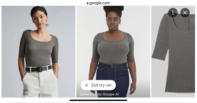 Screenshot of Google Search Virtual Tryo-on with the manufacturer's image showing the model from the front on the left, the Virtual Try-on model from the front in the center, and the manufacturer's clothing image on the right.