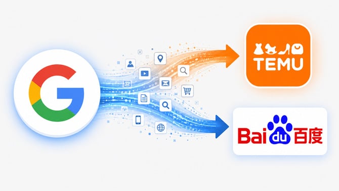Concept drawing of Google logo sharing data with the Temu and Baidu logos.
