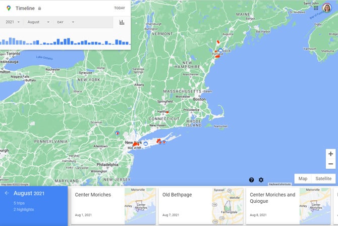 Screenshot of Google Timeline for August 2021 showing a map with red dots on locations visited and a menu at the bottom that shows trips. 