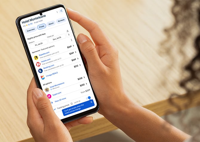 Google Travel's new hotel tracking feature lets you get updates on specific hotels.