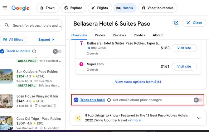 Screenshot of Google Travel hotel tracking using the Chrome desktop browser.