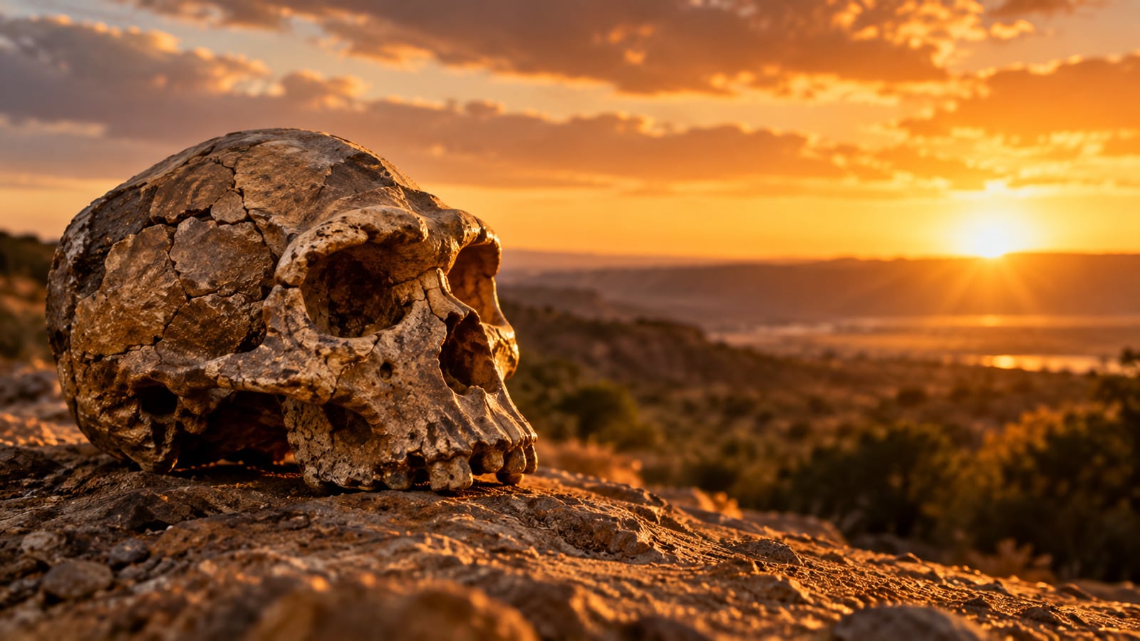 Fossilized early human skull resting on rocky ground at sunset, overlooking a hazy prehistoric landscape.