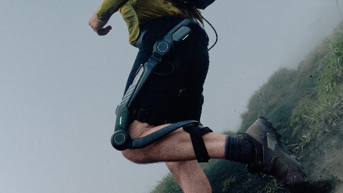 Hypershell Halo exoskeleton being worn during a descent