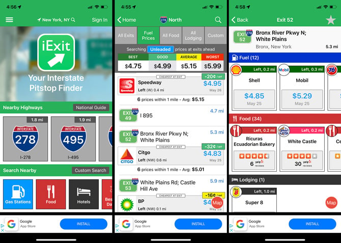 Three screenshots of iExit: From the left, the first screenshot shows the home screen with the option to select a highway or select nearby gas stations, food, and hotels. The second screenshot shows a listing of exits for route 278 and the gas stations found at each exit, along with pricing. The third screenshot shows an exit listing on route 278 with the fuel, food, and lodging options, along with gas prices and ratings for the restaurants.