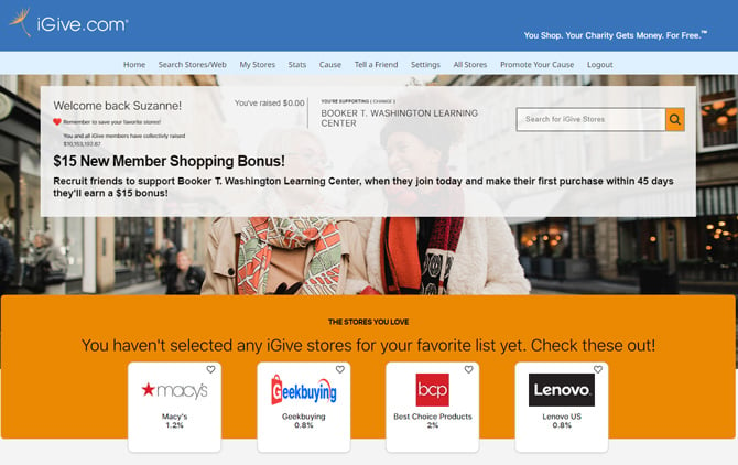 Screenshot of iGive home page showing a promotion to recruit friends to join iGive and receive a $15 giving bonus. At the bottom, you see the donation percentage per retailer - Macy's is 1.2 percent, Geekbuying is 0.8 percent, Best Choice Products if 2 percent, and Lenovo is 0.8 percent.
