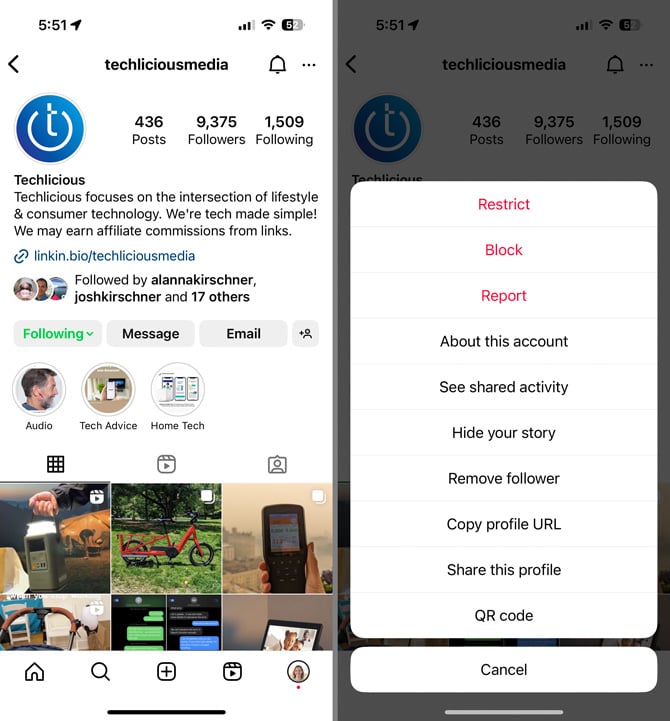 Two screenshots of Instagram profile showing how to block. On the left you see a profile of an account that's being followed. On the right, you see your blocking options - Restrict, Block, and Report.