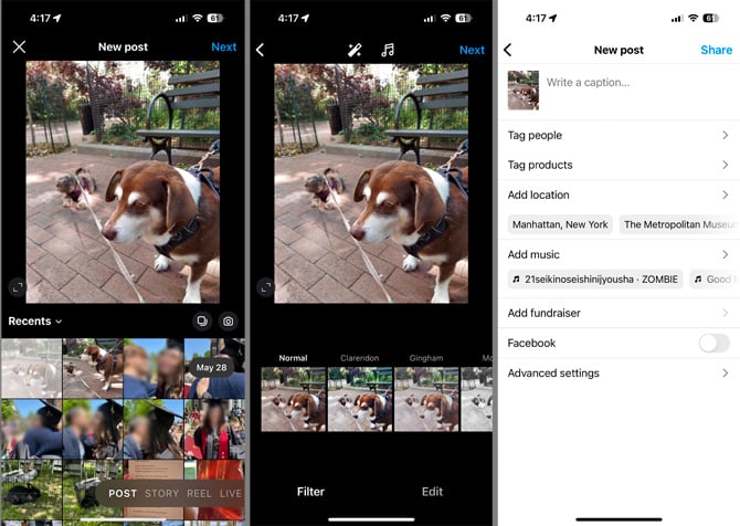 Three sceenshot of Instagram Post function. On the left you see a photo selected from the camera roll. In the middle you see a picture of a dog with a selection of filters you can apply as well as the ability to edit the photo and add music. On the right you see the option for writing a caption, tagging people, products, and places,