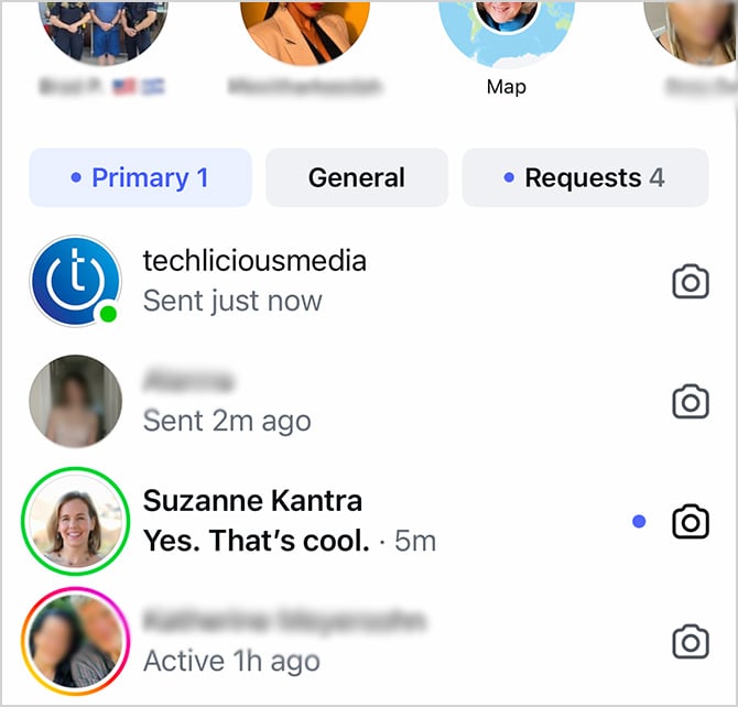 Instagram Direct Messages lists shows a DM 'Sent just now' and a blue dot for an unread message
