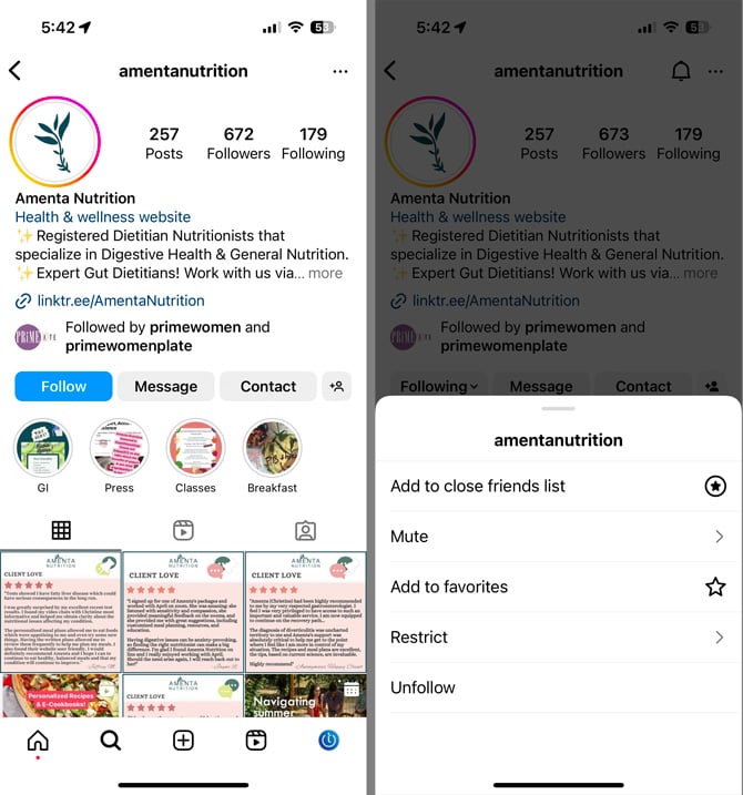Two screenshot of Instagram app showing Follow options. On the left you see a profile with a Follow button in Blue. On the right, you see Follow options - add to close friends, mute, add to favorites, restrict, and unfollow. 