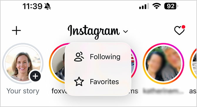 Instagram Home screen top navigation from the left: Create post or Reel, Select Follower or Friends Feed, Notifications