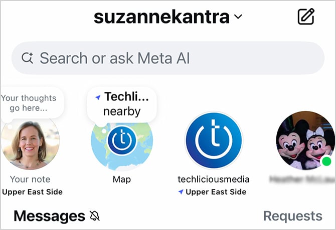 Instagram DMs inbox showing the profiles bar at the top with green dots and map icons visible, then the conversation list starts below