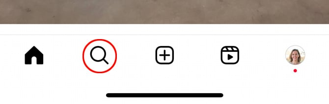 Bottom navigation for Instagram app with the Explore icon pointed out.
